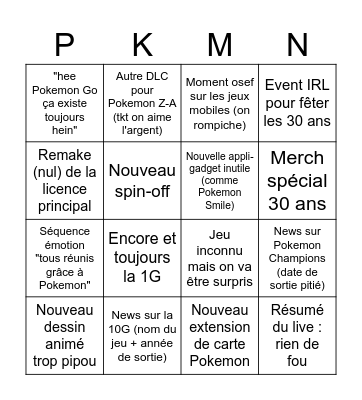 Pokemon Presents Predict Bingo Card