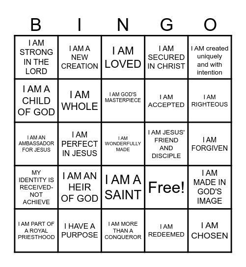 MY IDENTITY IN CHRIST Bingo Card
