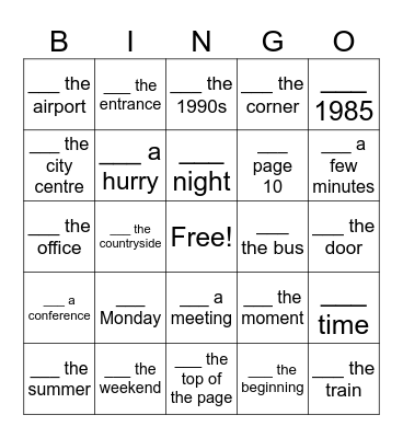 In, On or At Bingo - Card 1 Bingo Card