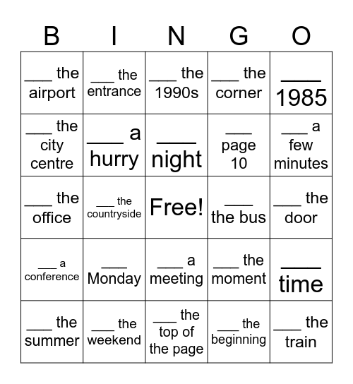 In, On or At Bingo - Card 1 Bingo Card