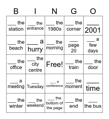 In, On or At Bingo - Card 2 Bingo Card