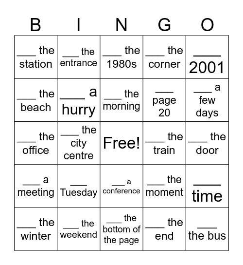 In, On or At Bingo - Card 2 Bingo Card