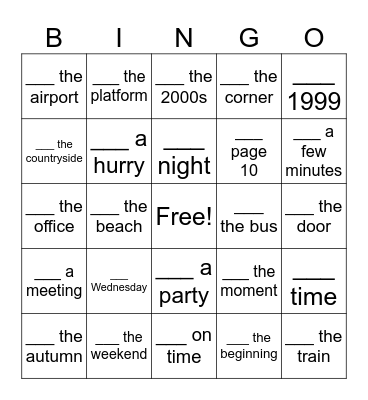 In, On or At Bingo - Card 3 Bingo Card