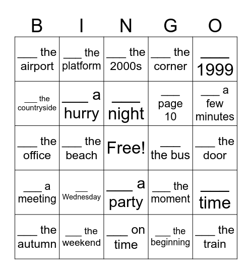 In, On or At Bingo - Card 3 Bingo Card
