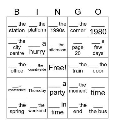 In, On or At Bingo - Card 4 Bingo Card