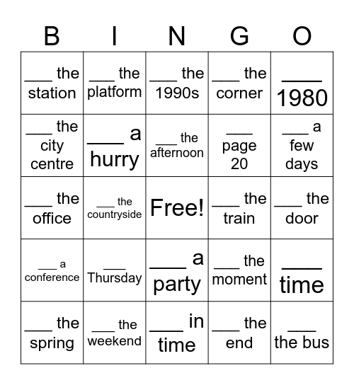 In, On or At Bingo - Card 4 Bingo Card