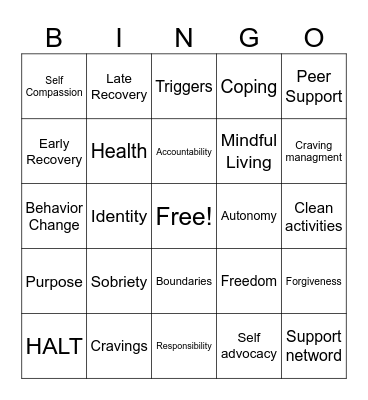 Recovery Bingo Card