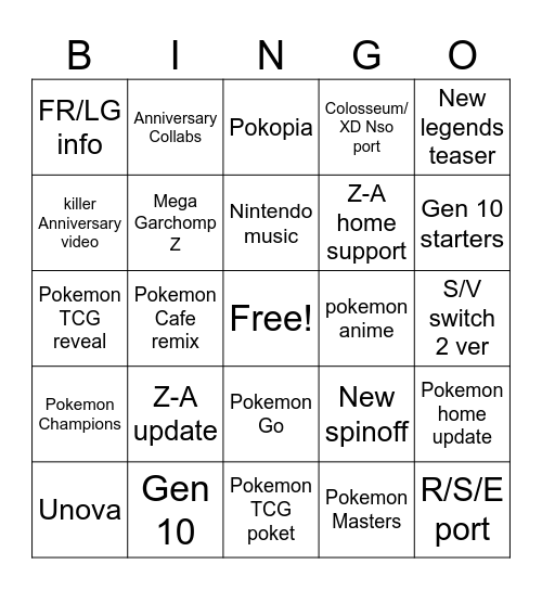 Pokemon Presents 2026 Bingo Card