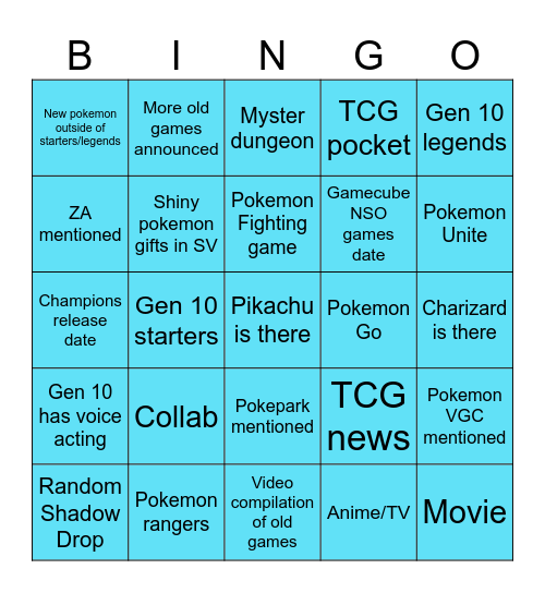 Pokemon Day Direct Bingo Card