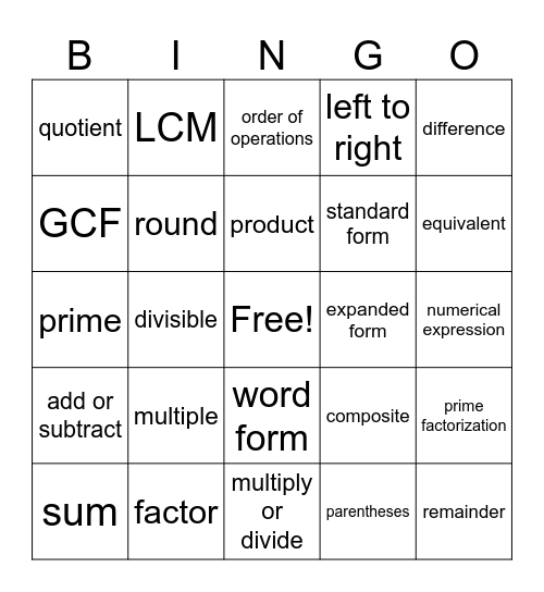 4A math vocabulary- Unit 1 Bingo Card