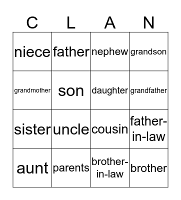 Family Bingo Card