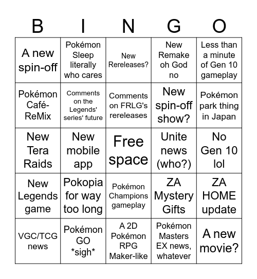 Pokémon Presents Bingo Card