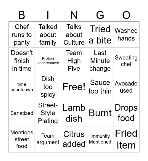 Top Chef Bingo Card