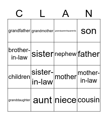 Family Bingo Card