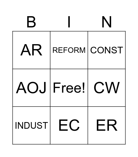 Eras of U.S. History - 1877 Bingo Card