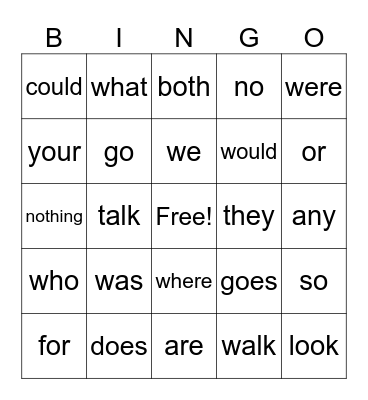 Sight Words Bingo Card