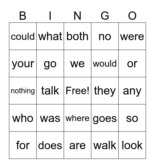 Sight Words Bingo Card
