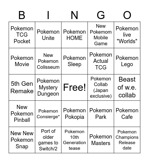 Pokémon Day Bingo Card