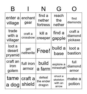 Minecraft Hardcore Bingo Card