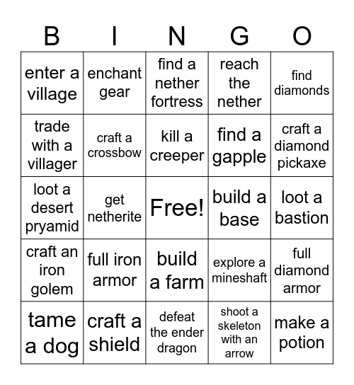 Minecraft Hardcore Bingo Card