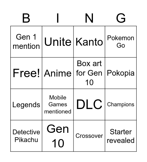 Pokemon Presents Bingo Card
