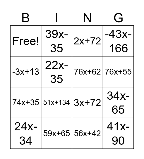 Math Bingo Card