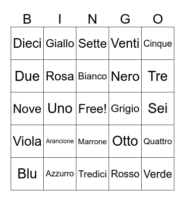 Italian Numbers and Colors Bingo Card