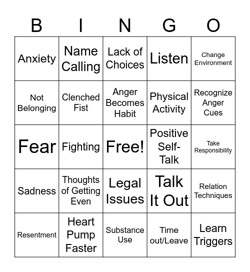 Adolescent Anger Bingo Card