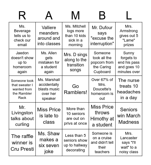 WHS Bingo Card