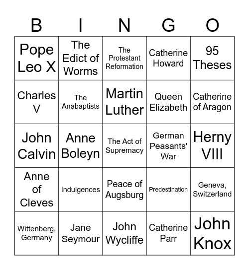 The Reformation Bingo Card