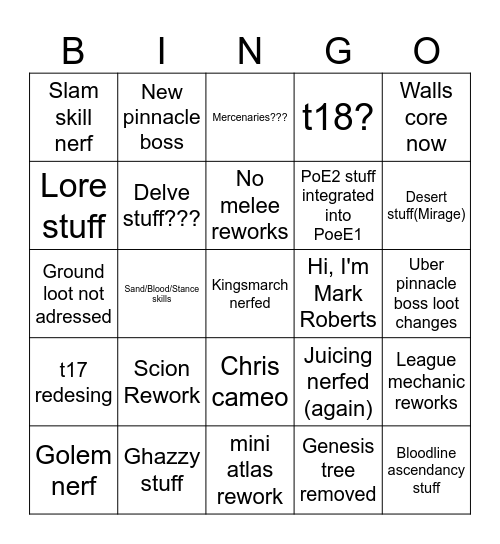 PoE Mirage Reveal Bingo Card