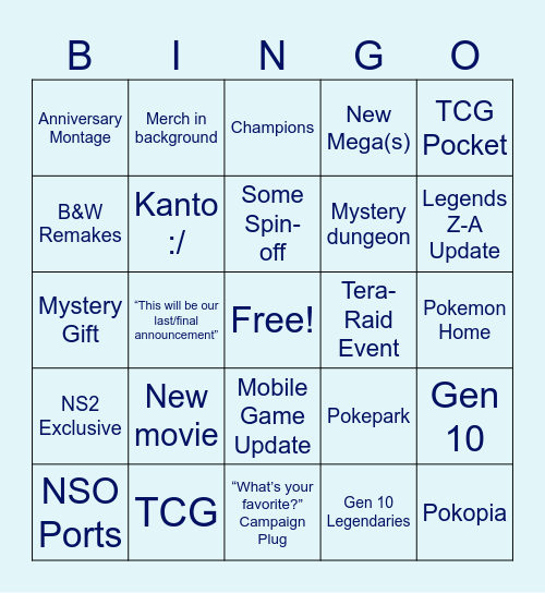 Pokémon Presents Bingo Card