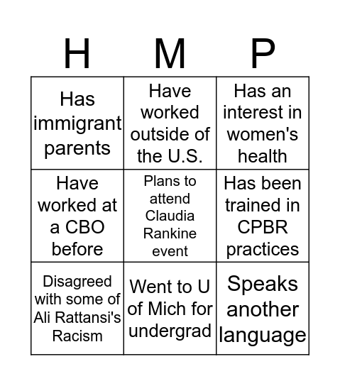 HMP 626 BINGO Card