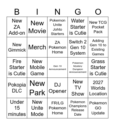 Pokemon 30th Anniversary Live Stream Bingo Card