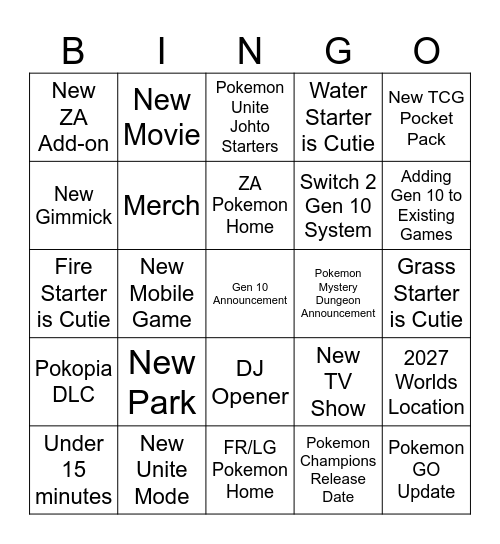 Pokemon 30th Anniversary Live Stream Bingo Card