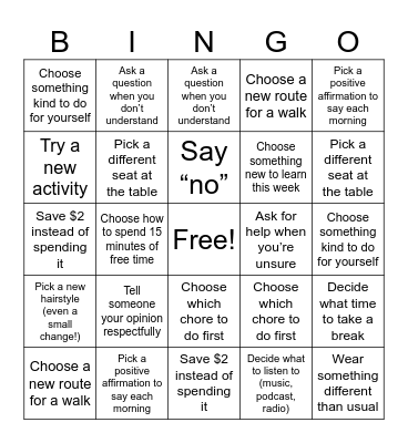 I Can Make Choices! Bingo Card