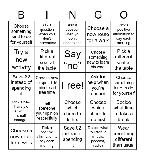 I Can Make Choices! Bingo Card