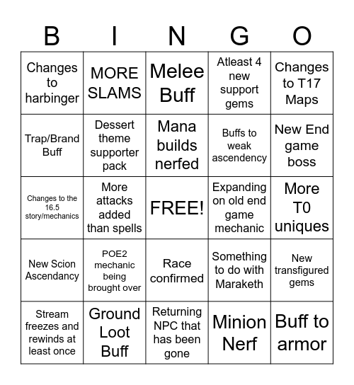 Mirage POE Bingo Card