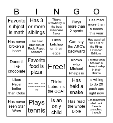 Getting To Know You Bingo Card