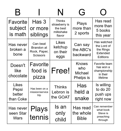 Getting To Know You Bingo Card