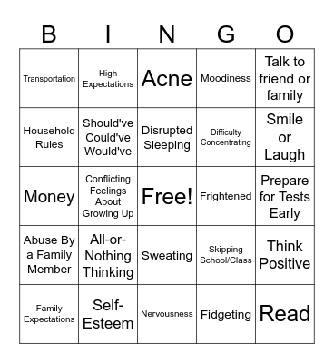 Adolescent Stress Bingo Card