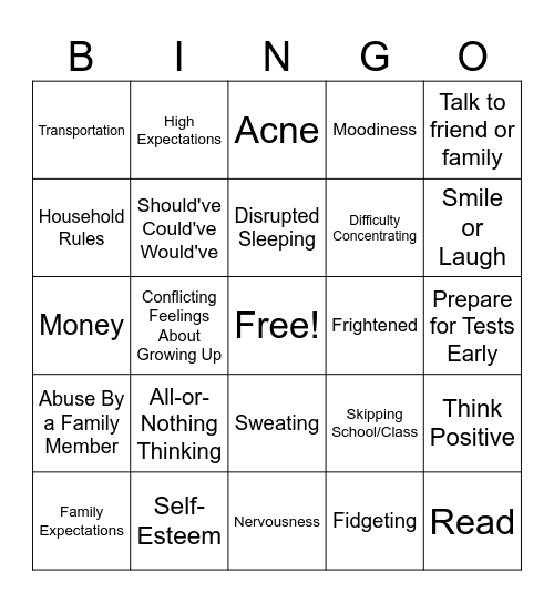 Adolescent Stress Bingo Card