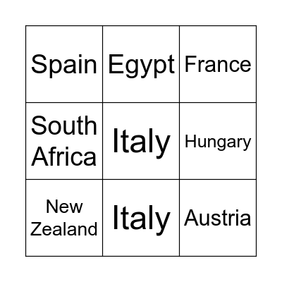 Countries Bingo Card