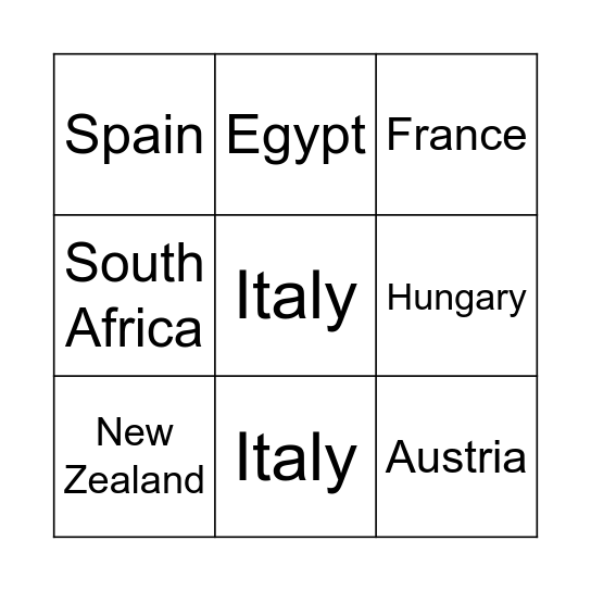 Countries Bingo Card