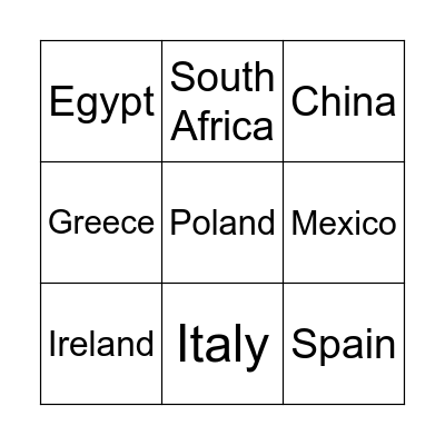 Countries Bingo Card
