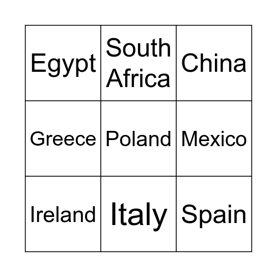Countries Bingo Card