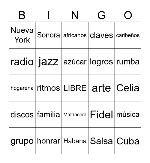 Celia Cruz Bingo Card