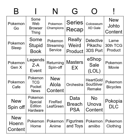 Pokemon Presents Bingo Card
