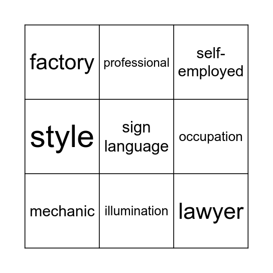 OCCUPATIONS BINGO GAME Bingo Card