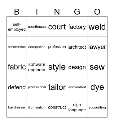 Occupations Bingo Game Bingo Card